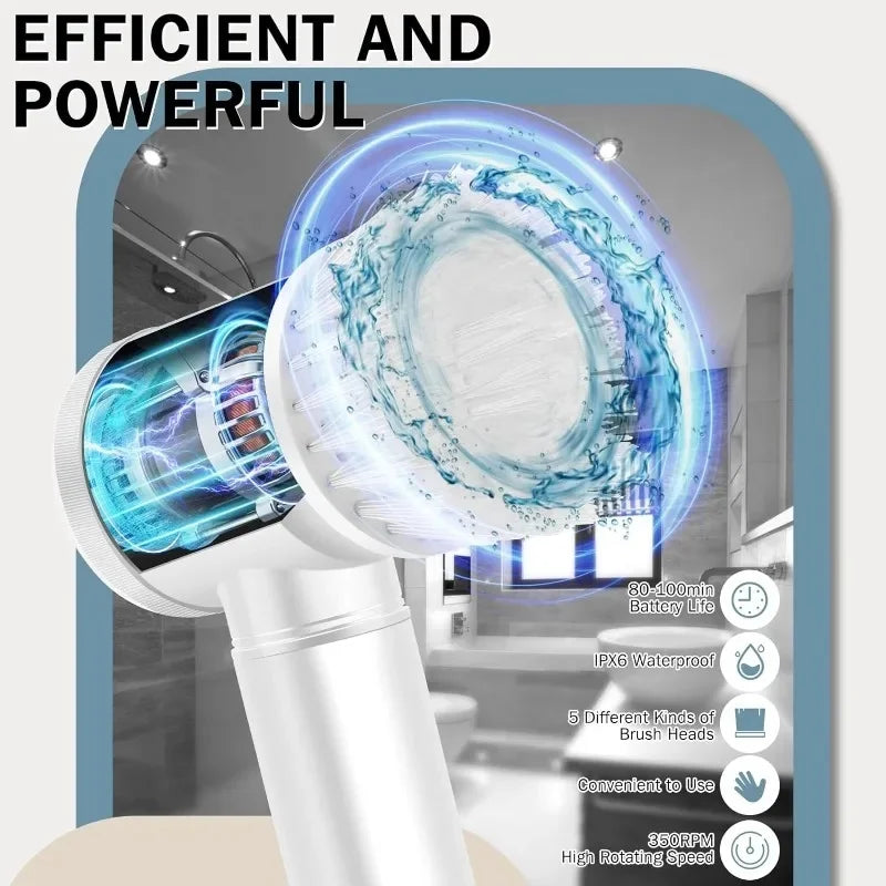 Purificador elétrico da rotação, purificador elétrico da escova de limpeza do banheiro com 5 cabeças de escova substituíveis, escova de limpeza elétrica